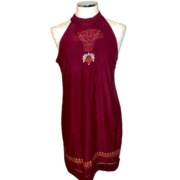 Alya Boho Embroidered Halter Faux Suede Mini Dress Size Medium Burgundy - Picture 1 of 8